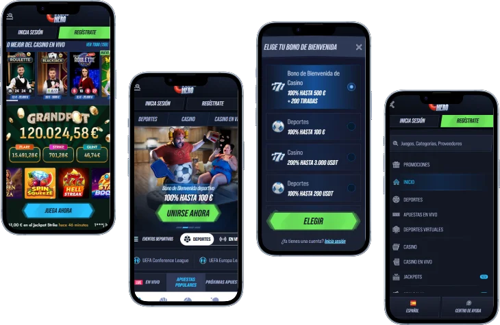 VegasHero App Móvil Navegación Alt: VegasHero app móvil con jackpot en vivo, selector de bonos y menú de categorías